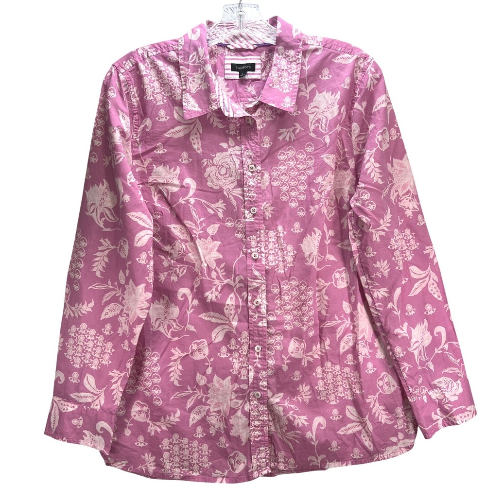 Talbots Pink Floral Cotton Button Down Shirt Long Sleeve L